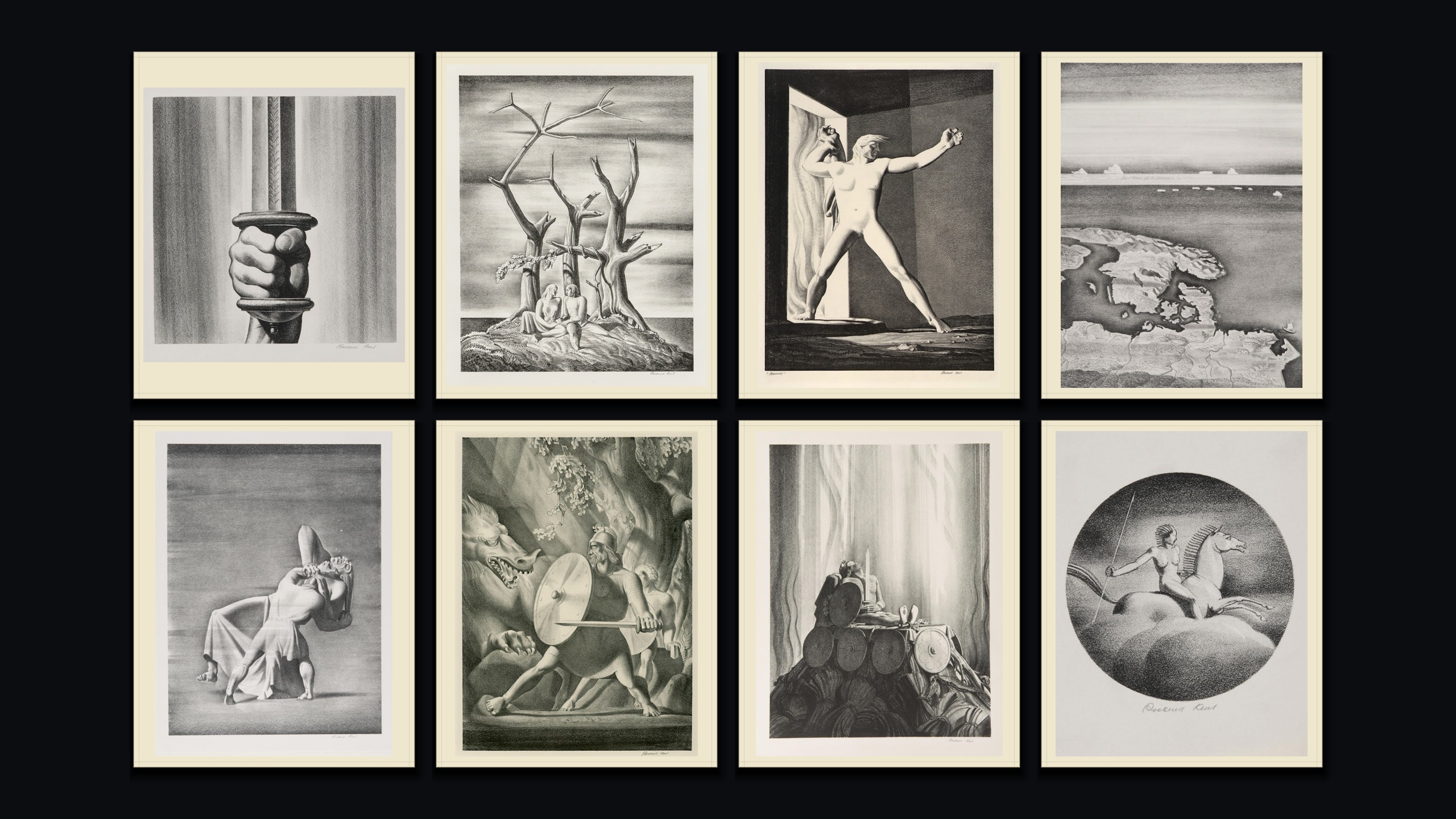 Rockwell Kent’s eight Beowulf lithographs arranged in an eight-plate exhibition hero polyptych